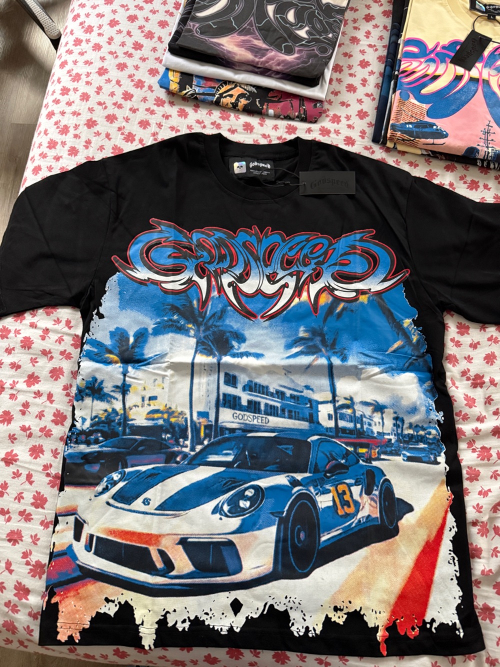 Godspeed- [Large] Black Graphic Short Sleeve Tee with Blue Racing Print